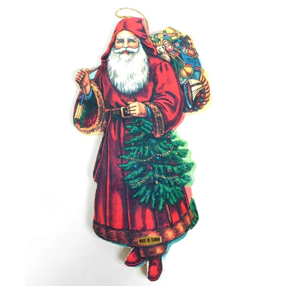 Vintage Die Cut Cardboard Santa Claus Christmas Ornaments 6 Inch Lot of 3 Taiwan - Picture 2 of 4